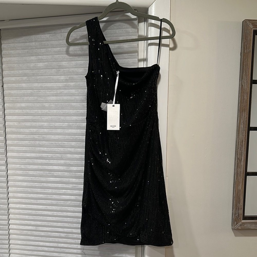 Grace Karin Black Sequin One Shoulder Mini Dress